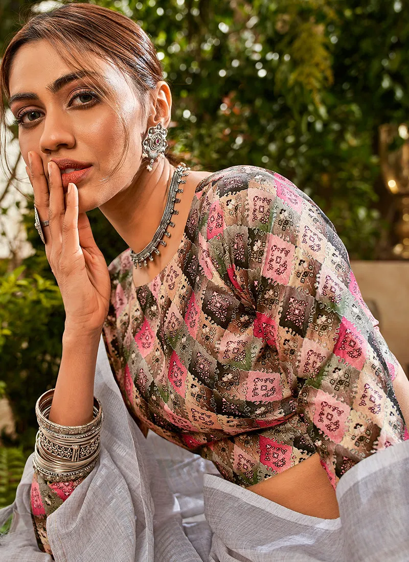 Grey Handloom Khadi Saree With Digital Printed Blouse