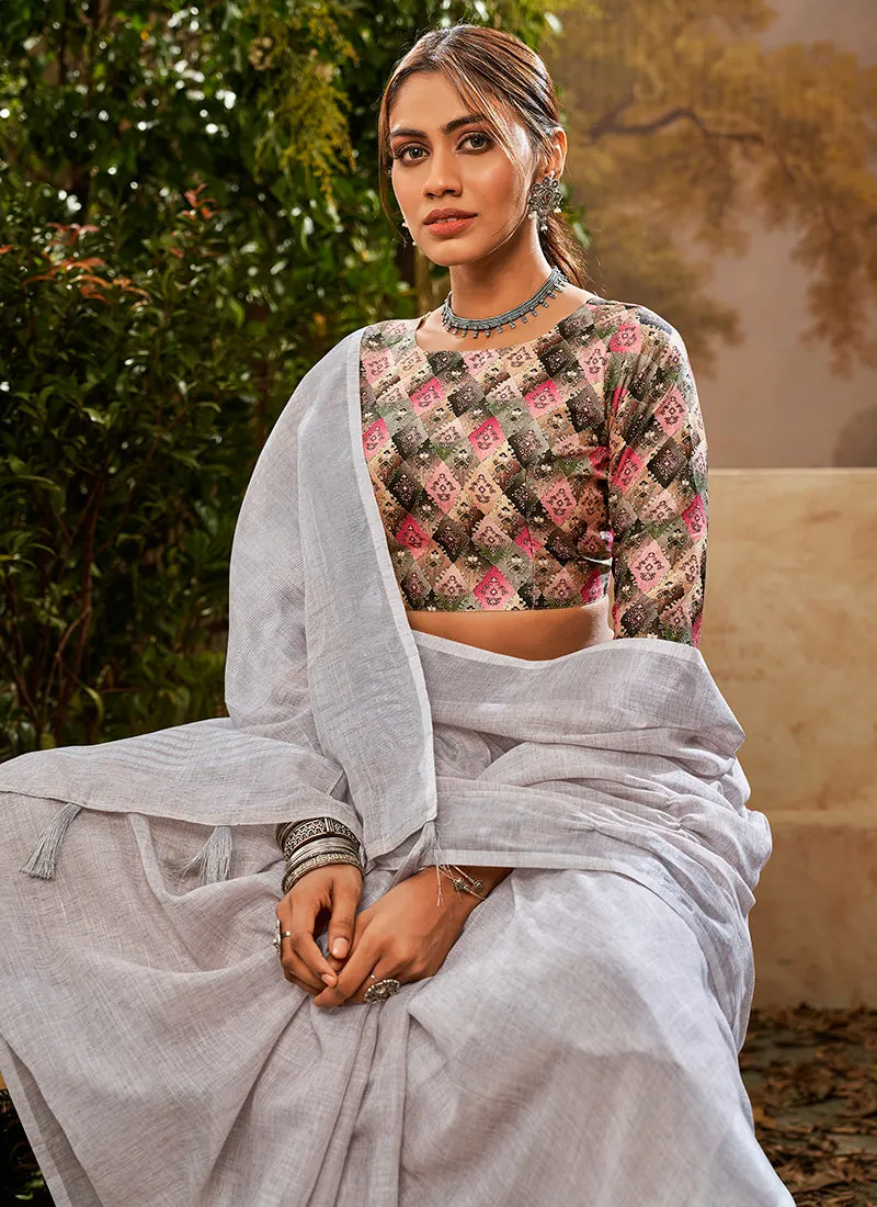 Grey Handloom Khadi Saree With Digital Printed Blouse