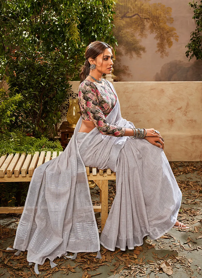 Grey Handloom Khadi Saree With Digital Printed Blouse