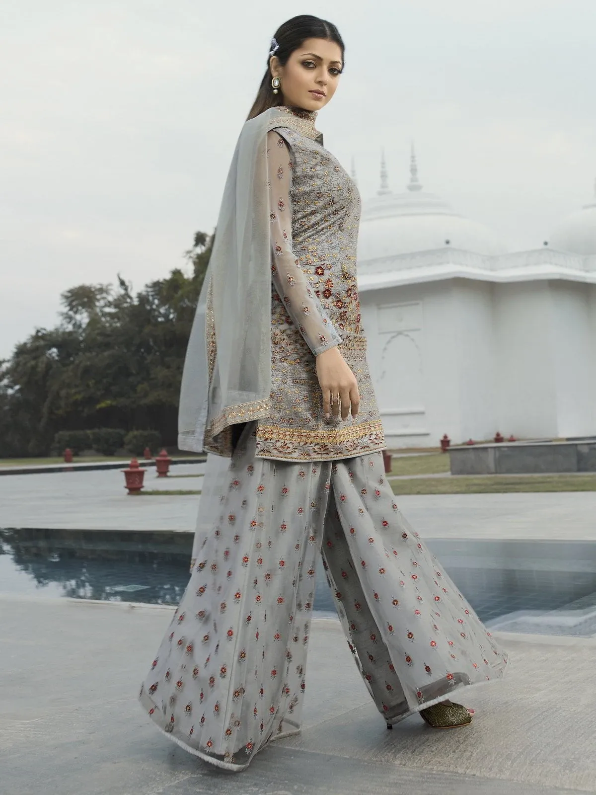 Grey Multi Embroidered Pakistani Style Gharara Suit