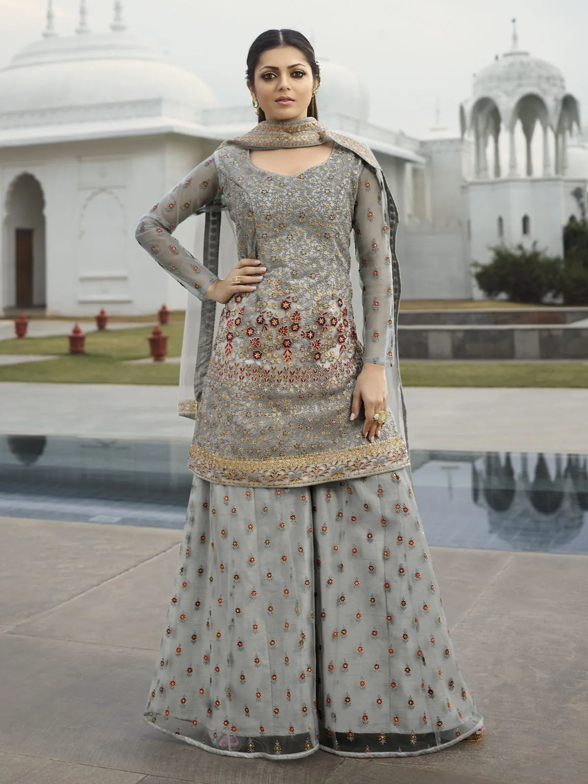 Grey Multi Embroidered Pakistani Style Gharara Suit