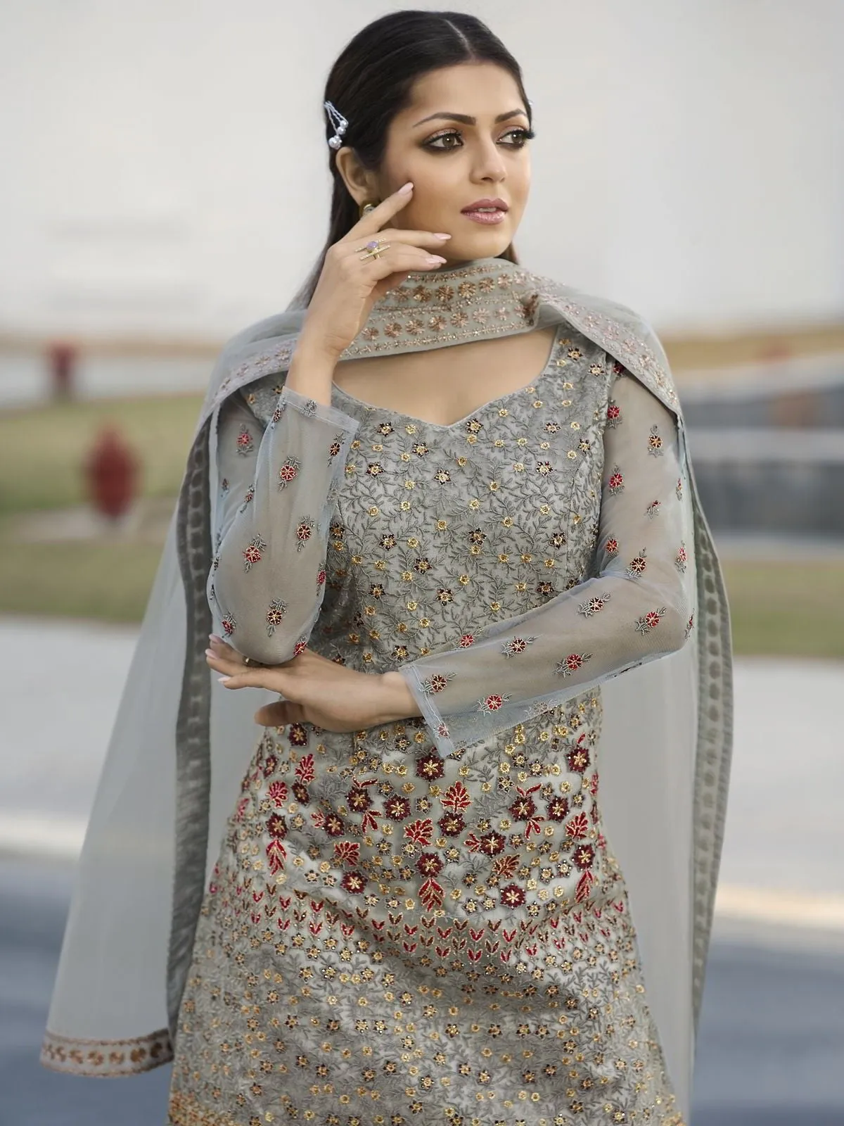 Grey Multi Embroidered Pakistani Style Gharara Suit