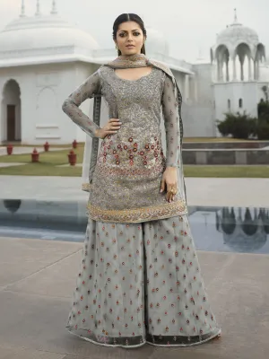 Grey Multi Embroidered Pakistani Style Gharara Suit