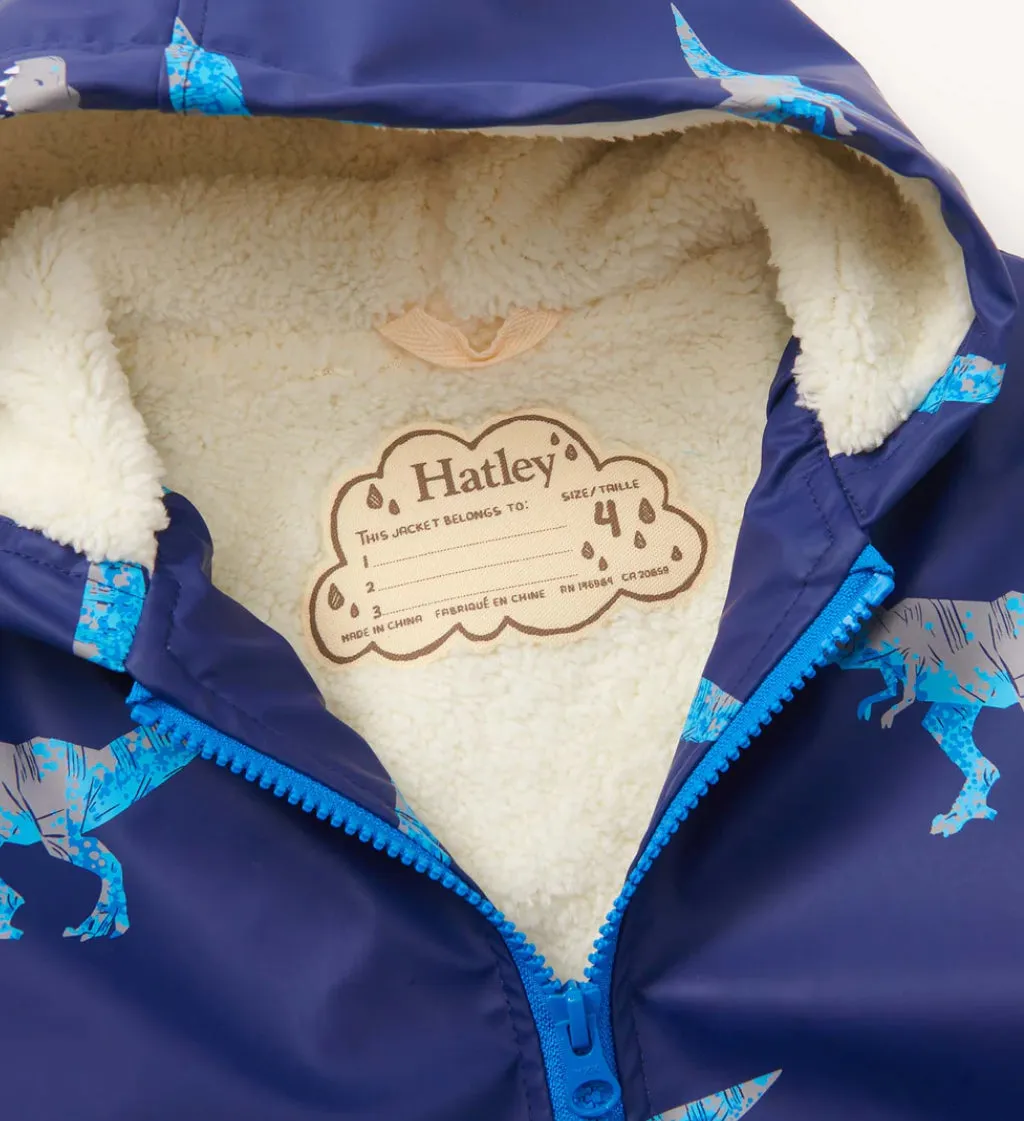 Hatley Boys T-Rex Attack Sherpa Lined Zip-Up Rain Jacket: Size 3-7 years