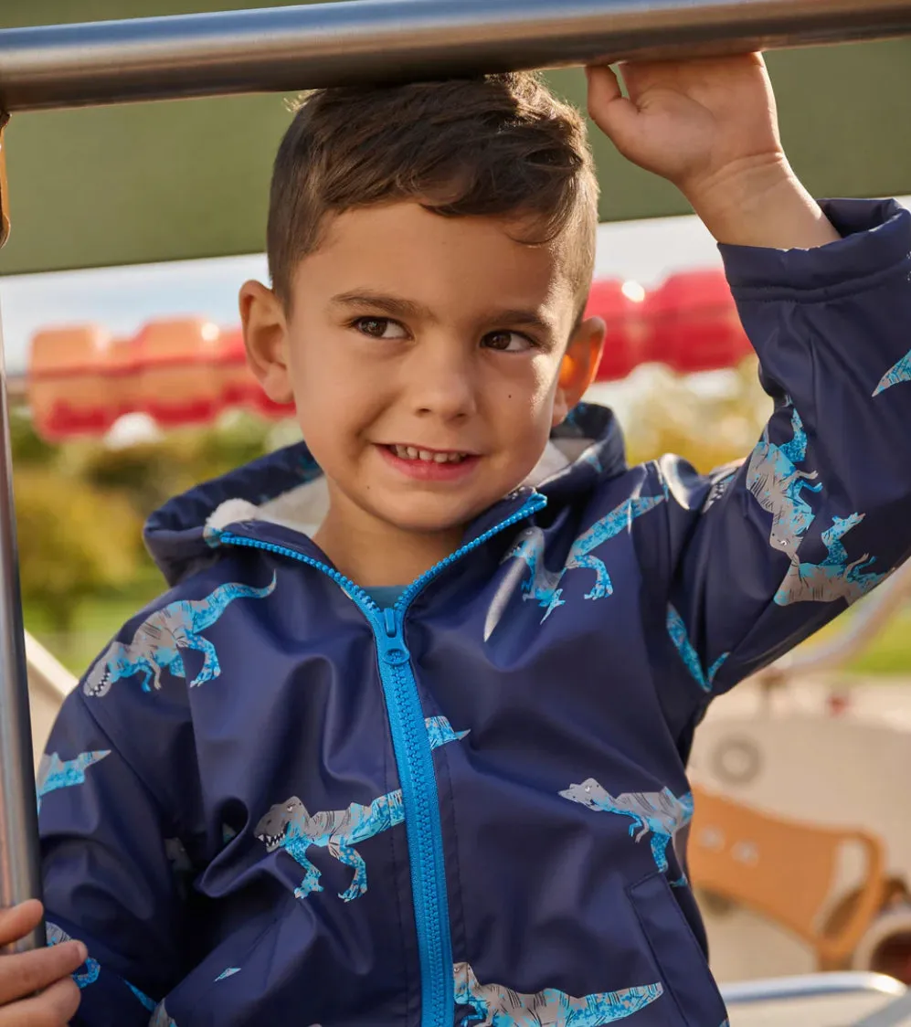 Hatley Boys T-Rex Attack Sherpa Lined Zip-Up Rain Jacket: Size 3-7 years
