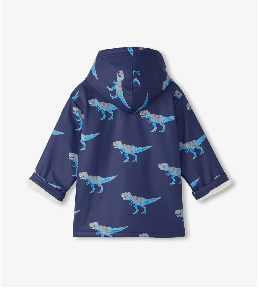 Hatley Boys T-Rex Attack Sherpa Lined Zip-Up Rain Jacket: Size 3-7 years
