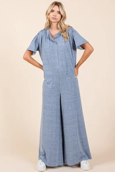 Hazel Blues® |  Mittoshop Button Detail Short Sleeve Wide Leg Jumpsuit