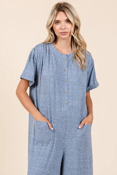 Hazel Blues® |  Mittoshop Button Detail Short Sleeve Wide Leg Jumpsuit