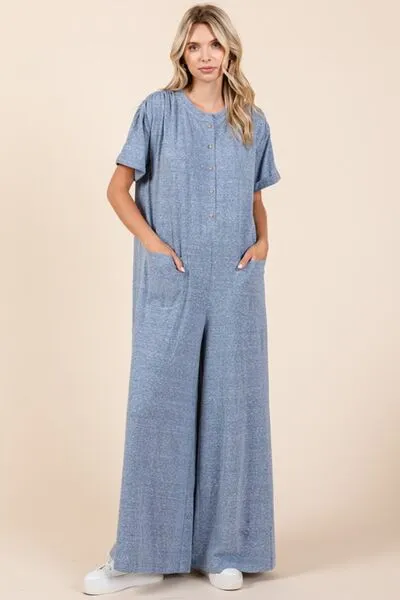 Hazel Blues® |  Mittoshop Button Detail Short Sleeve Wide Leg Jumpsuit