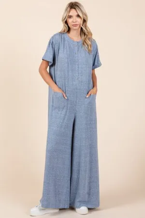 Hazel Blues® |  Mittoshop Button Detail Short Sleeve Wide Leg Jumpsuit