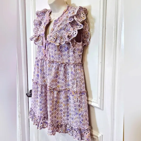 House Of Harlow Purple  Multicolor Floral Eyelet Ruffle Babydoll Dress,Medium