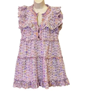 House Of Harlow Purple  Multicolor Floral Eyelet Ruffle Babydoll Dress,Medium