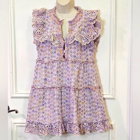 House Of Harlow Purple  Multicolor Floral Eyelet Ruffle Babydoll Dress,Medium
