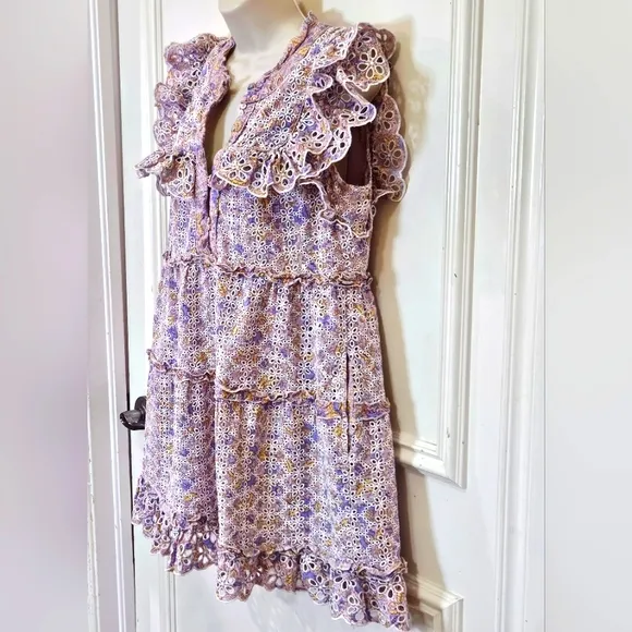 House Of Harlow Purple  Multicolor Floral Eyelet Ruffle Babydoll Dress,Medium