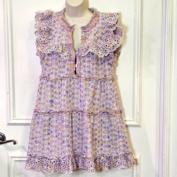 House Of Harlow Purple  Multicolor Floral Eyelet Ruffle Babydoll Dress,Medium
