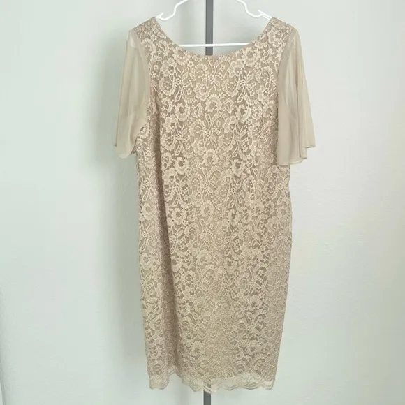 Jessica Howard Lace Flutter Sleeve Shift Dress in Nude-Gold Size 14W