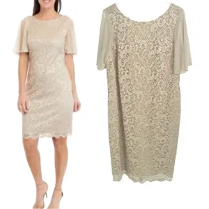 Jessica Howard Lace Flutter Sleeve Shift Dress in Nude-Gold Size 14W