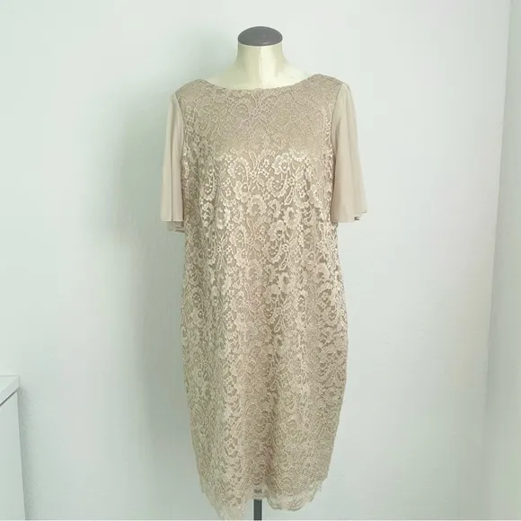 Jessica Howard Lace Flutter Sleeve Shift Dress in Nude-Gold Size 14W