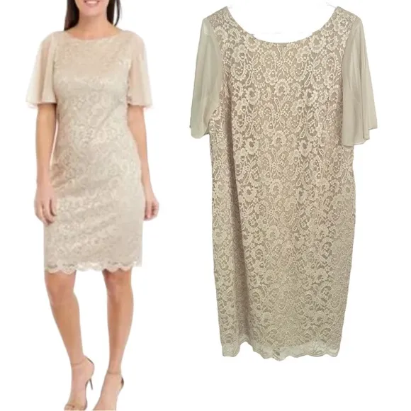 Jessica Howard Lace Flutter Sleeve Shift Dress in Nude-Gold Size 14W