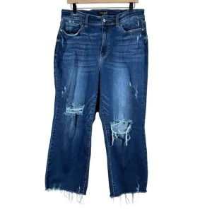 Judy Blue Albany Distressed High Rise Dark Wash Wide Leg Crop Jeans 14 JB82593DK