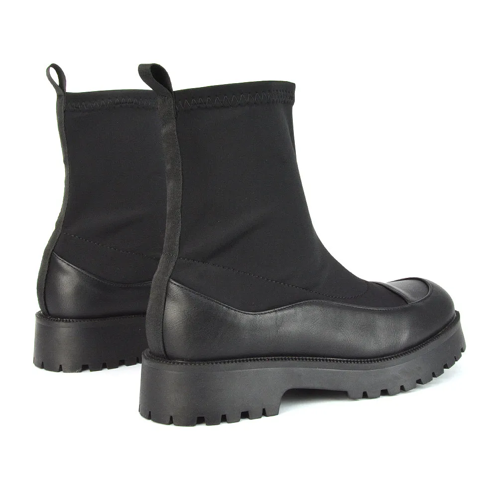 Kerry Chunky Sock Boots Ankle High Flat Biker Booties In Black Synthetic Leather