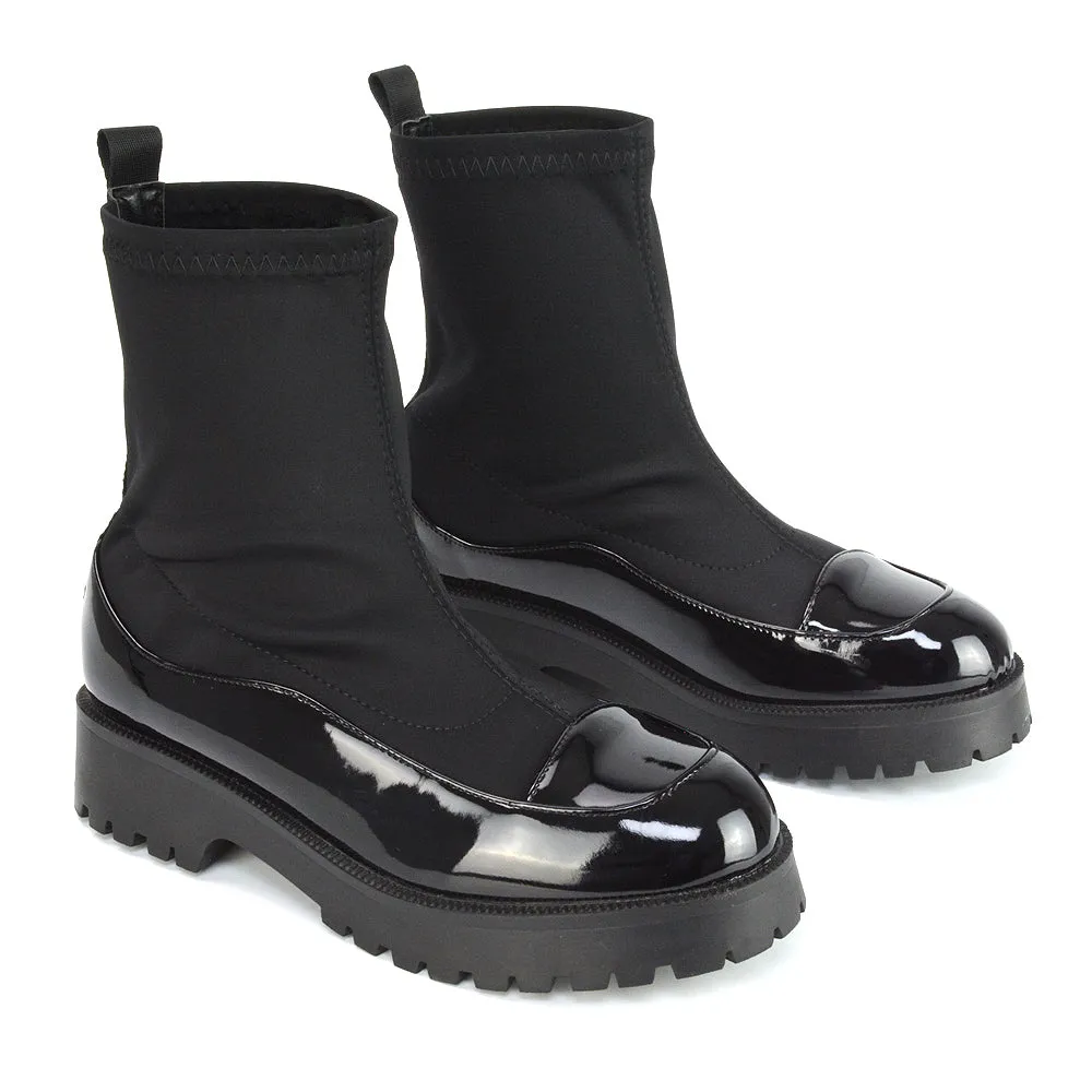 Kerry Chunky Sock Boots Ankle High Flat Biker Booties In Black Synthetic Leather