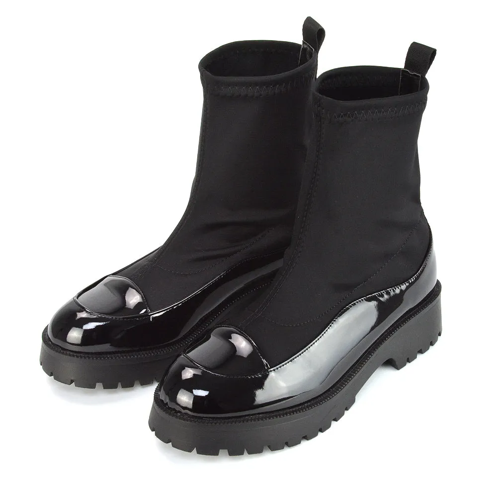 Kerry Chunky Sock Boots Ankle High Flat Biker Booties In Black Synthetic Leather