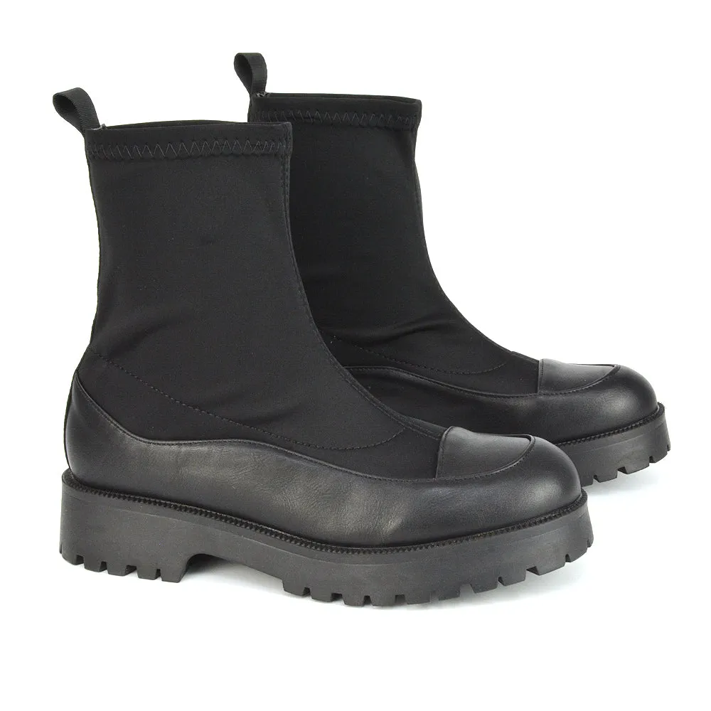 Kerry Chunky Sock Boots Ankle High Flat Biker Booties In Black Synthetic Leather