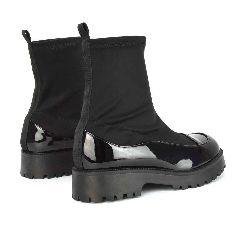 Kerry Chunky Sock Boots Ankle High Flat Biker Booties In Black Synthetic Leather