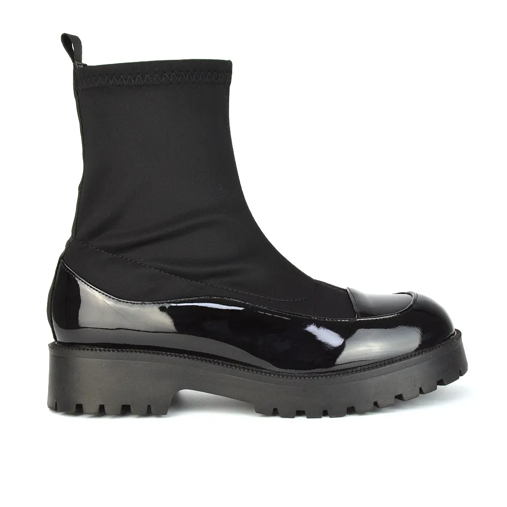 Kerry Chunky Sock Boots Ankle High Flat Biker Booties In Black Synthetic Leather