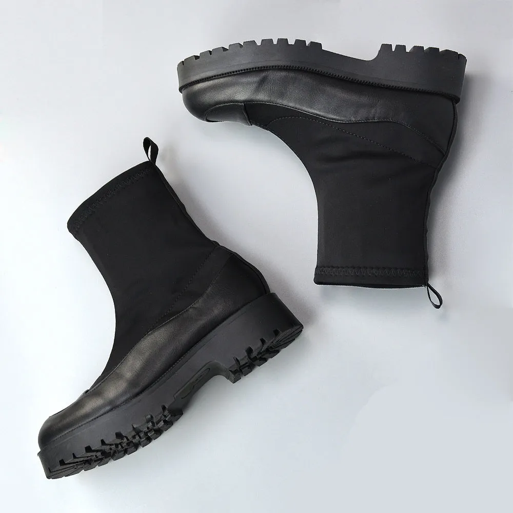 Kerry Chunky Sock Boots Ankle High Flat Biker Booties In Black Synthetic Leather