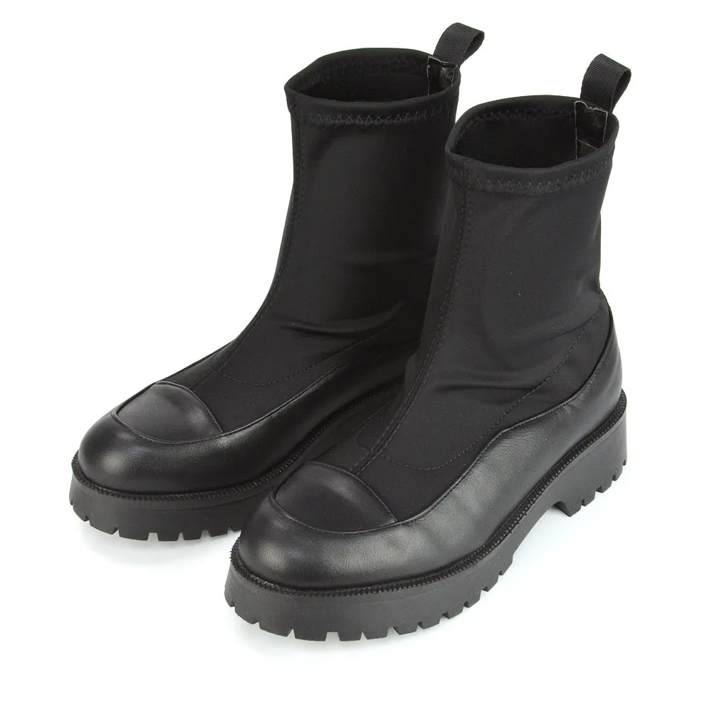 Kerry Chunky Sock Boots Ankle High Flat Biker Booties In Black Synthetic Leather