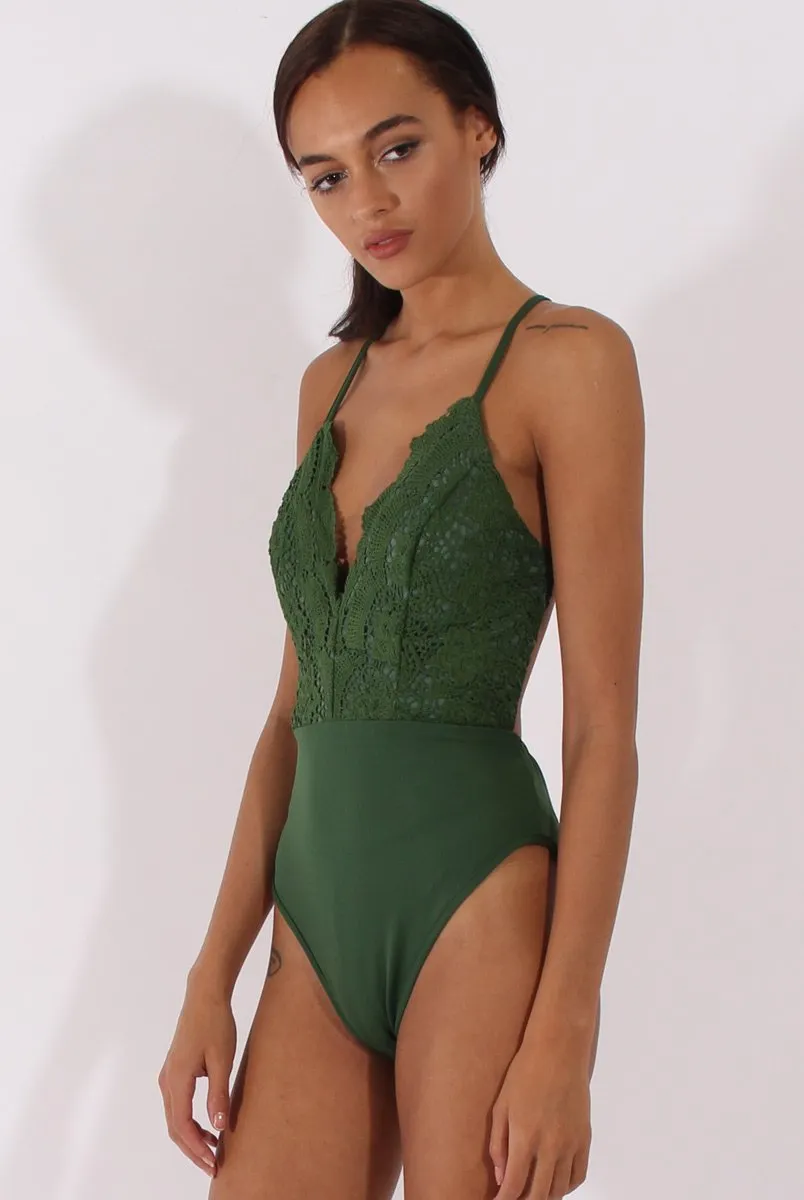 Khaki Crochet Cross Back Bodysuit - Crecia
