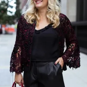 Kobi &quot;Toryn&quot; Black Burgundy &amp; Aubergine 3/4 Sleeve Lace Bomber Jacket