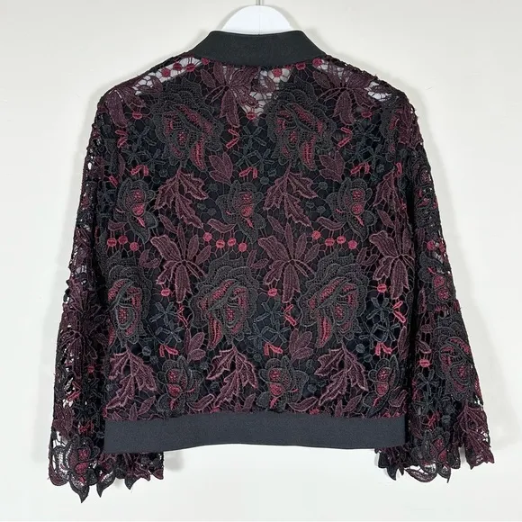 Kobi &quot;Toryn&quot; Black Burgundy &amp; Aubergine 3/4 Sleeve Lace Bomber Jacket