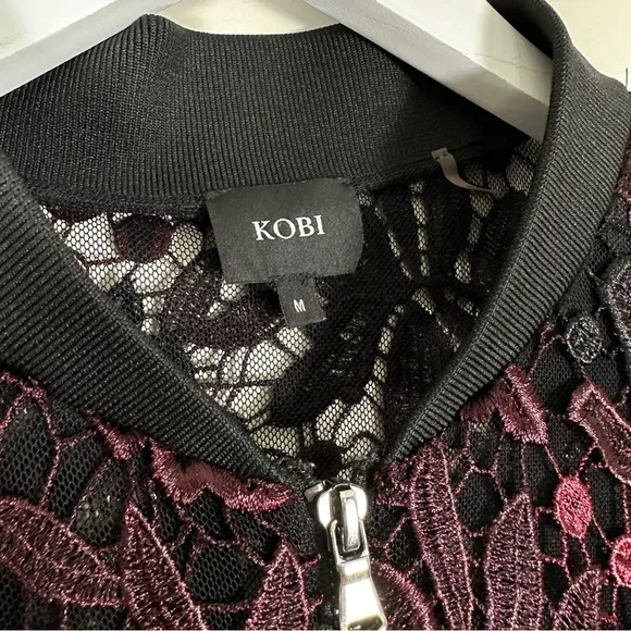 Kobi &quot;Toryn&quot; Black Burgundy &amp; Aubergine 3/4 Sleeve Lace Bomber Jacket