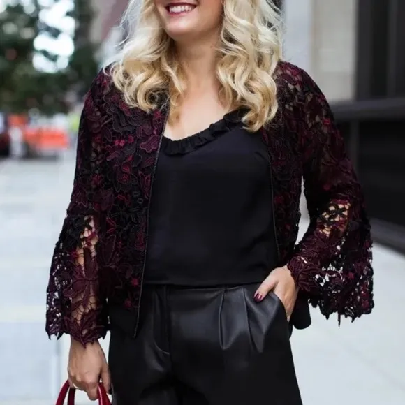 Kobi &quot;Toryn&quot; Black Burgundy &amp; Aubergine 3/4 Sleeve Lace Bomber Jacket