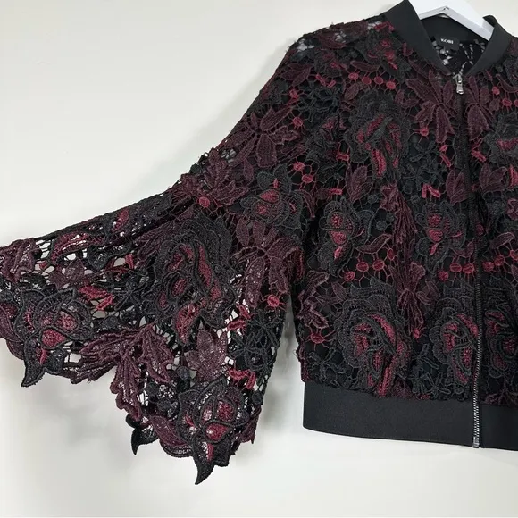 Kobi &quot;Toryn&quot; Black Burgundy &amp; Aubergine 3/4 Sleeve Lace Bomber Jacket