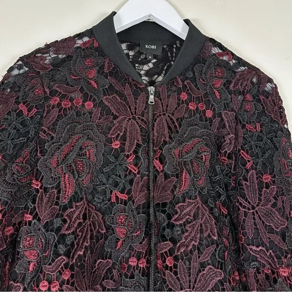 Kobi &quot;Toryn&quot; Black Burgundy &amp; Aubergine 3/4 Sleeve Lace Bomber Jacket