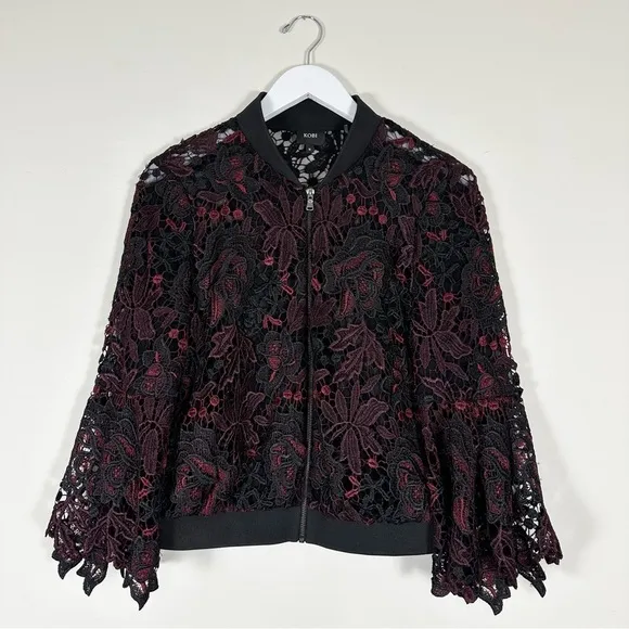Kobi &quot;Toryn&quot; Black Burgundy &amp; Aubergine 3/4 Sleeve Lace Bomber Jacket