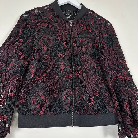 Kobi &quot;Toryn&quot; Black Burgundy &amp; Aubergine 3/4 Sleeve Lace Bomber Jacket