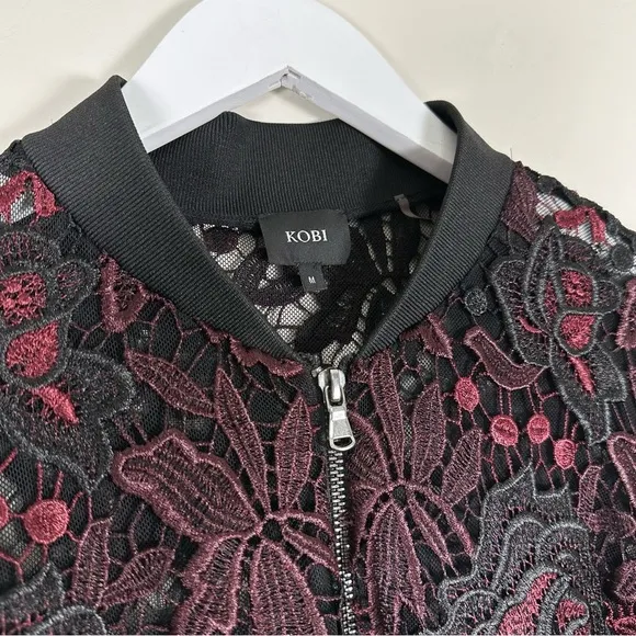 Kobi &quot;Toryn&quot; Black Burgundy &amp; Aubergine 3/4 Sleeve Lace Bomber Jacket
