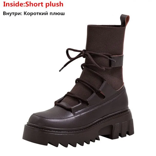 Lace Up Ankle Boots Platform Square Heels Female
