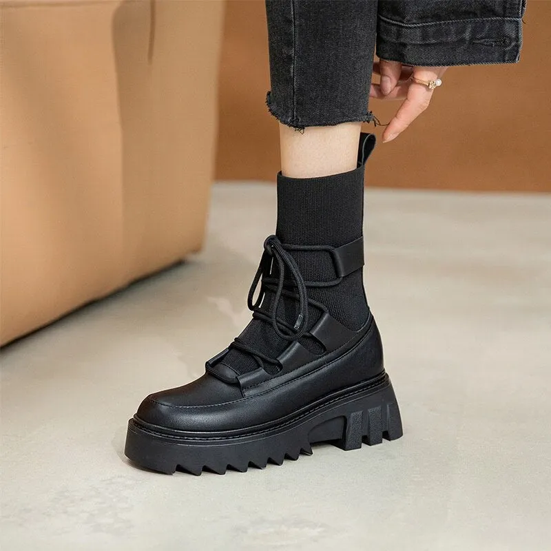 Lace Up Ankle Boots Platform Square Heels Female