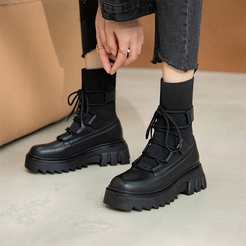 Lace Up Ankle Boots Platform Square Heels Female