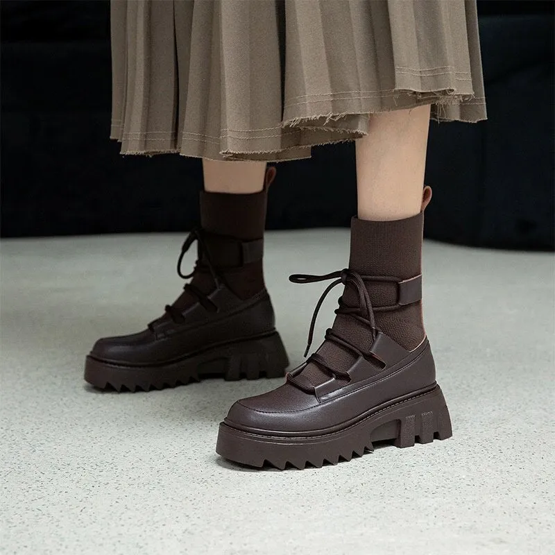 Lace Up Ankle Boots Platform Square Heels Female