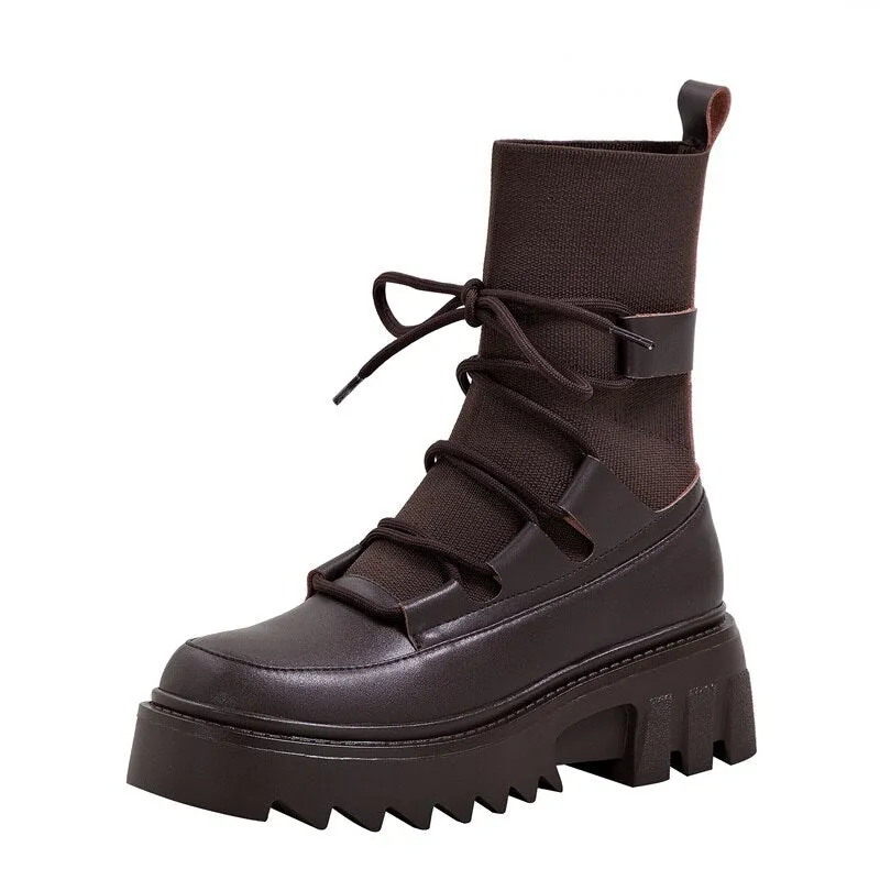 Lace Up Ankle Boots Platform Square Heels Female