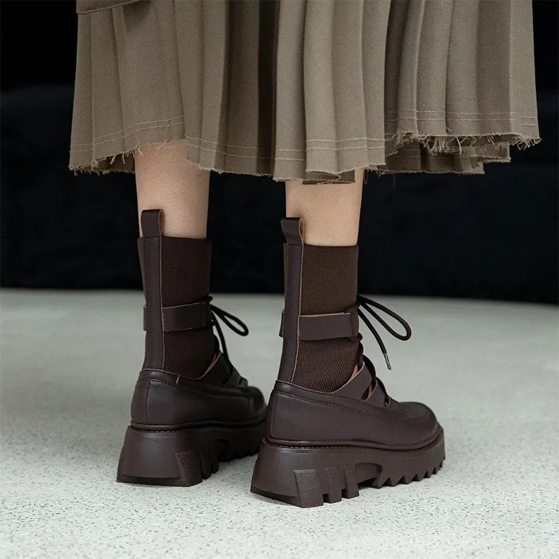 Lace Up Ankle Boots Platform Square Heels Female