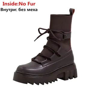Lace Up Ankle Boots Platform Square Heels Female
