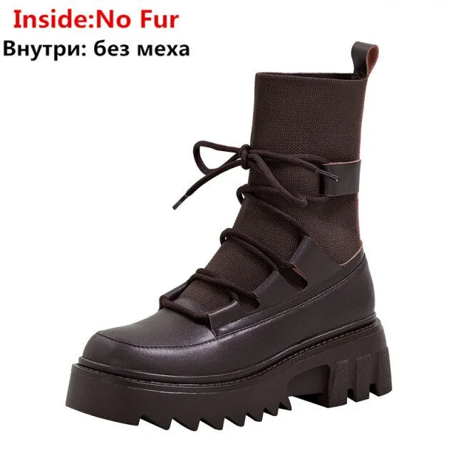 Lace Up Ankle Boots Platform Square Heels Female
